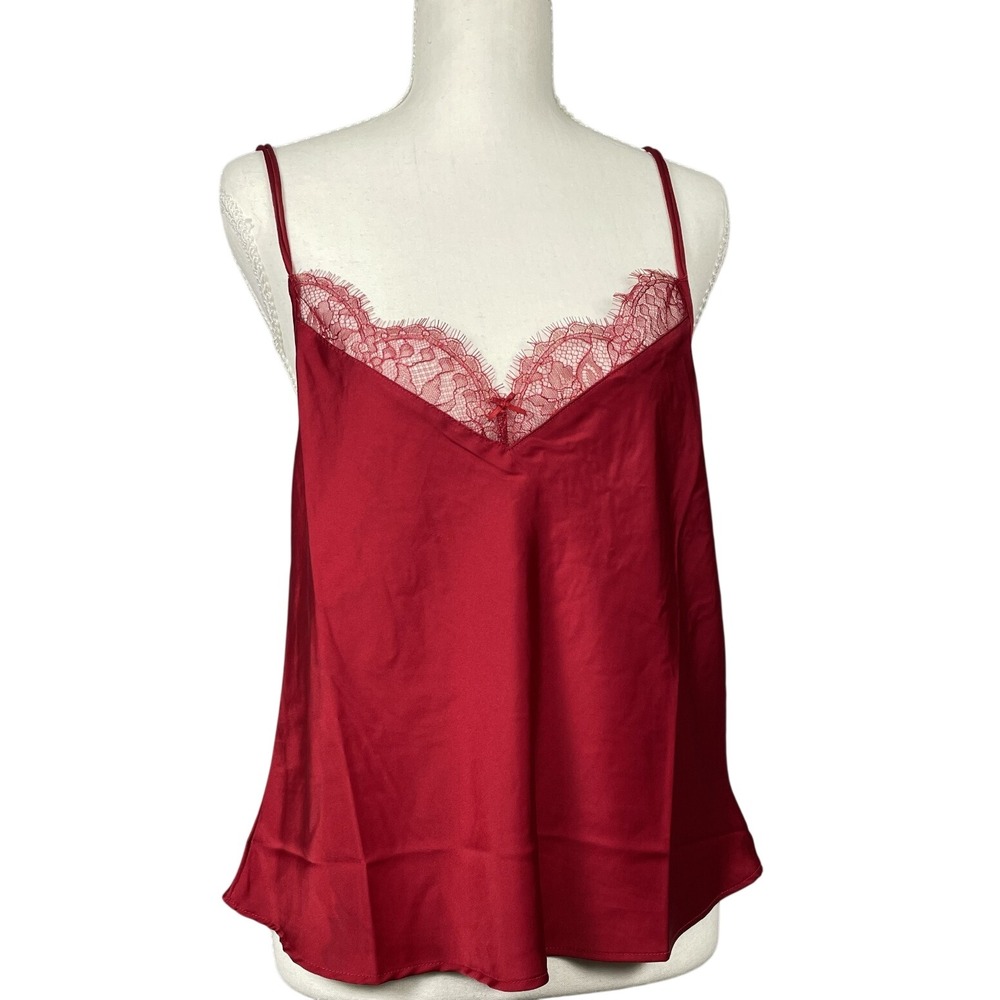 Etam Camisole Womens M Red French Lingerie Lace Trim Satin Adjustable Straps NEW